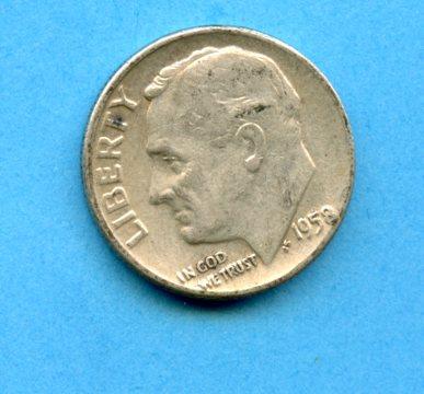 U.S.A. United States of America Silver Dime 10 Cents Coin Dated 1958