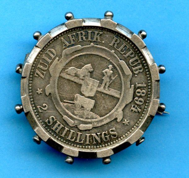 South Africa 1894 Silver 2 Shillings In fitted brooch