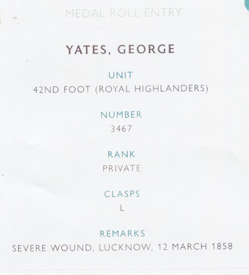 India Mutiny Medal 1857 Clasp Lucknow To Pte George Yates, 42nd Royal Highlanders ( The Black watch)