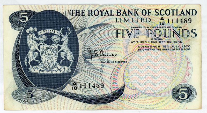 Royal Bank of Scotland £5 Five Pounds Note Dated 15th July 1970