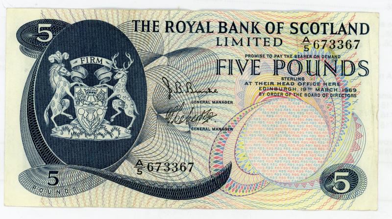 Royal Bank of Scotland  £5 Five Pounds Note Dated 19th March 1969