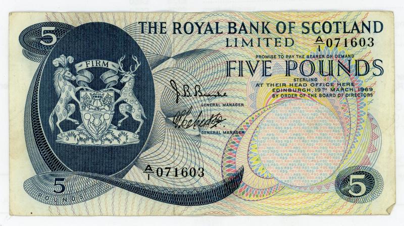Royal Bank of Scotland £5 Five Pounds Note Dated 19th March 1969