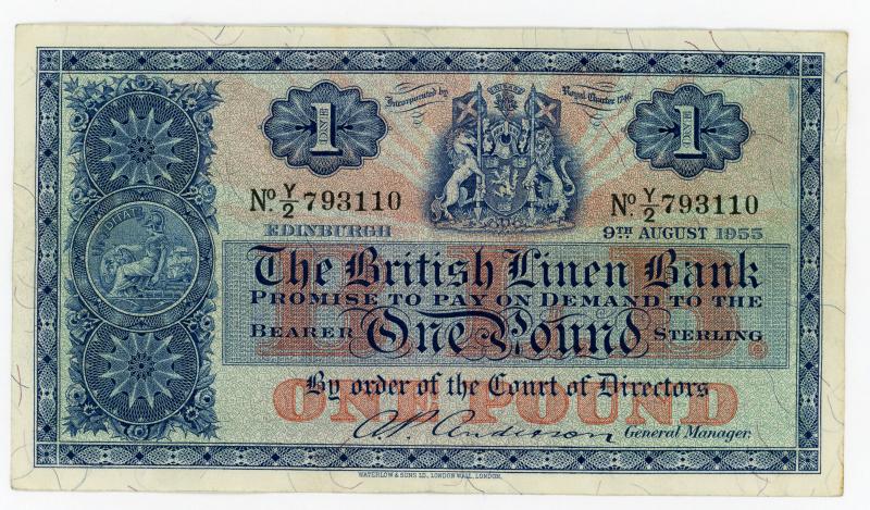 British Linen Bank  £1 One Pound Banknote Dated 9th August 1955
